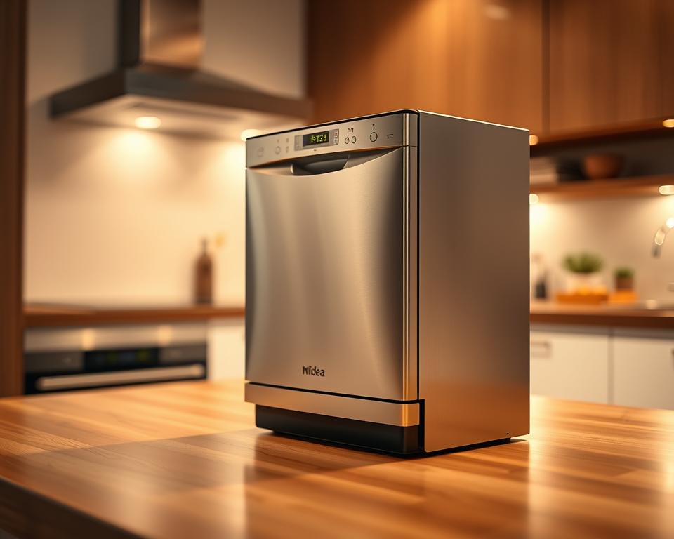 A compact and sleek Midea MLF08 dishwasher, illuminated by warm, soft lighting, standing prominently on a polished, wooden surface. The stainless steel exterior gleams, reflecting the surrounding environment. The dishwasher's compact dimensions are accentuated, highlighting its space-saving design. The scene is captured from a low, slightly angled perspective, emphasizing the appliance's sturdy, reliable presence. The background is blurred, keeping the focus on the dishwasher's elegant form and intuitive controls. An atmosphere of modern, minimalist sophistication pervades the image, conveying the Midea MLF08's suitability as a compact, high-performance solution for the discerning kitchen.