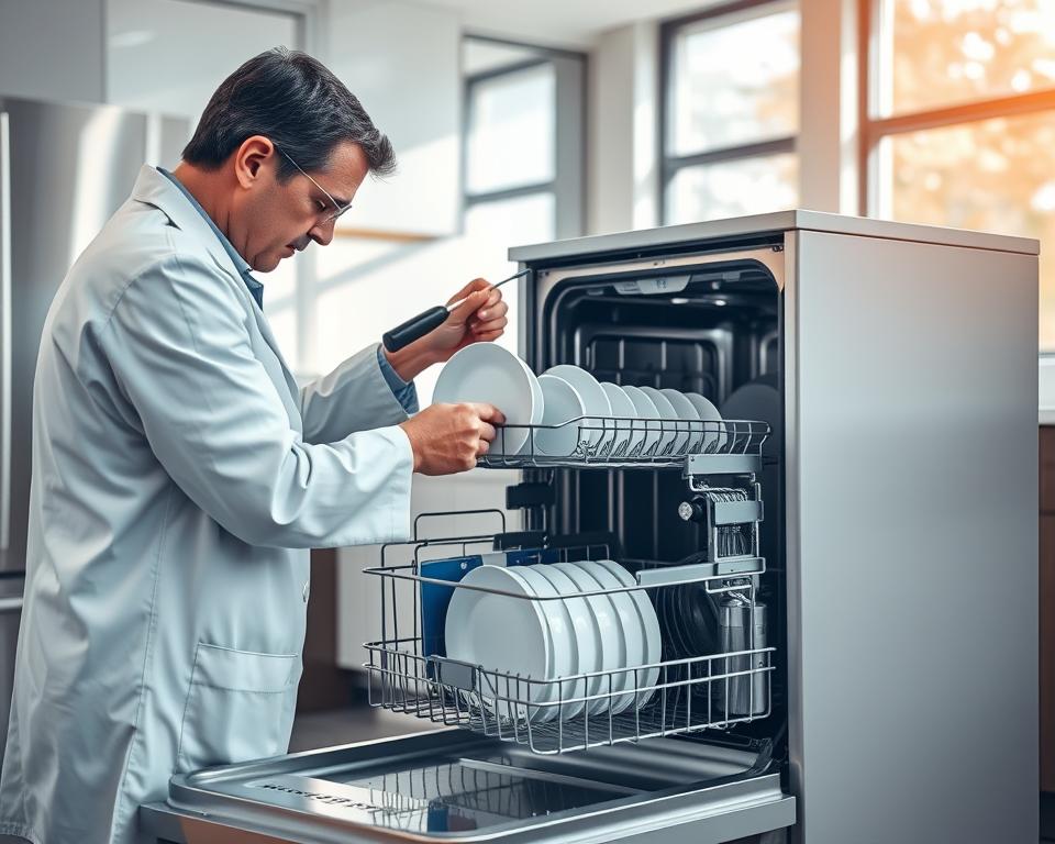 A high-quality, detailed image of a dishwasher evaluation process. In the foreground, a person in a white lab coat carefully inspecting the various components and features of the dishwasher, using tools and instruments. The middle ground shows the dishwasher itself, with its doors open, revealing the internal mechanisms. The background depicts a sleek, modern kitchen environment with stainless steel appliances and natural lighting streaming in from large windows. The scene conveys a sense of professionalism, precision, and a methodical approach to evaluating the dishwasher's performance and capabilities.