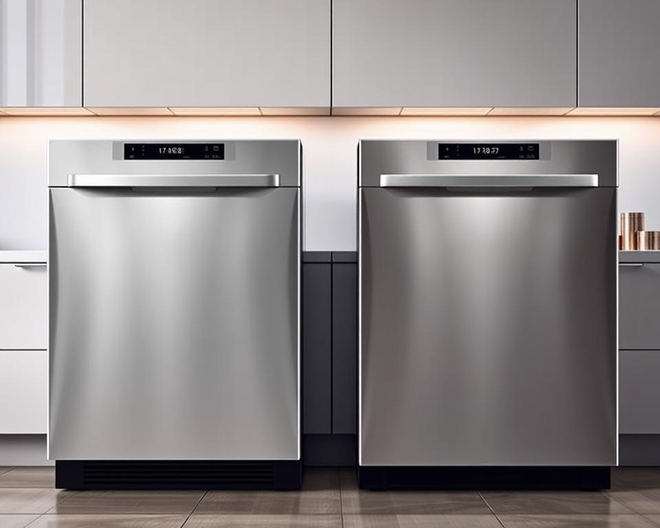 A side-by-side comparison of high-end dishwashers set against a sleek, modern kitchen backdrop. The appliances feature gleaming stainless steel finishes, clean lines, and intuitive digital displays. Soft, even lighting illuminates the scene, highlighting the products' premium construction and advanced features. The composition emphasizes the appliances' relative sizes and placements, inviting the viewer to evaluate their capacities, energy efficiency, and overall value propositions. An atmosphere of sophistication and practicality pervades the image, reflecting the thoughtful analysis of the article's subject matter.