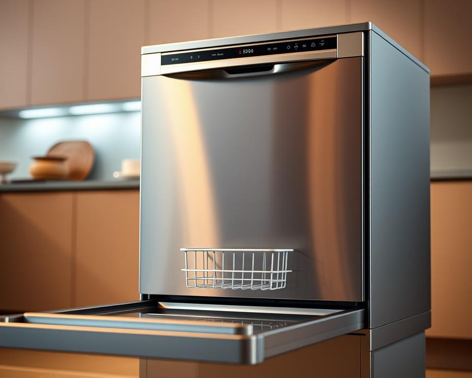 A sleek, modern dishwasher dominates the frame, its shiny stainless steel exterior gleaming under the warm studio lighting. The Electrolux LI14X lava-louças premium model sits prominently, exuding a sense of premium quality and sophisticated design. The appliance is captured from a slightly low angle, emphasizing its elegant, streamlined silhouette. The background is softly blurred, keeping the focus squarely on the dishwasher's premium features and attractive appearance. Subtle reflections on the surface add depth and visual interest, conveying the high-end, polished finish of this top-of-the-line model.