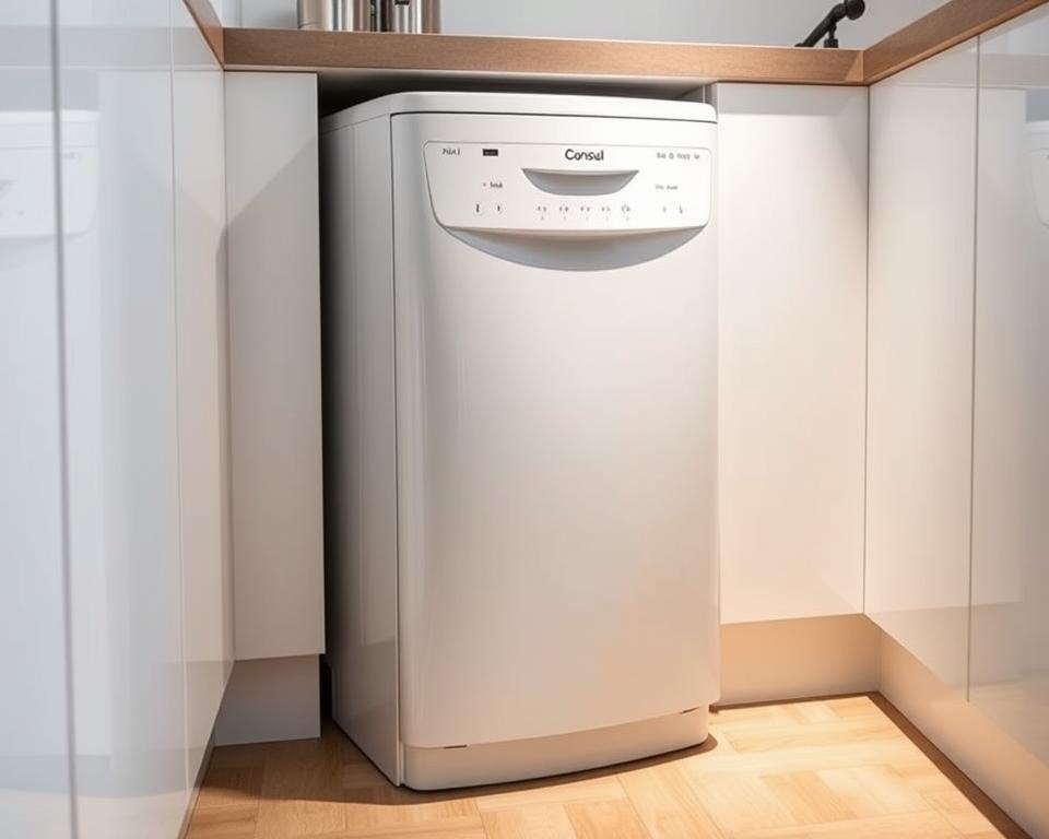 Compact Consul CLC08 dishwasher, standing in a small, modern kitchen with sleek white cabinets and light wood floors. The dishwasher has a glossy white finish, with minimalist controls and a curved, ergonomic design. Soft, directional lighting from above highlights the appliance's clean lines and efficient layout, casting subtle shadows that accentuate its compact form. The scene conveys a sense of order, functionality, and space-saving elegance, perfectly suited for a tidy, urban living space.