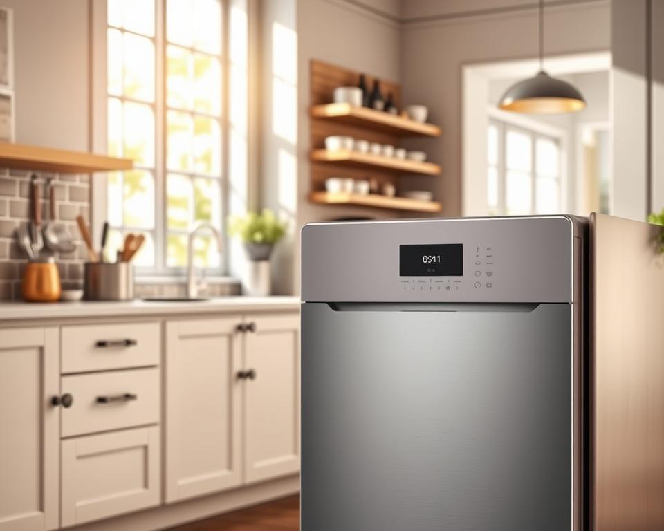 a detailed interior scene of a modern kitchen, with a large dishwasher appliance prominently displayed in the foreground. the dishwasher has a sleek, stainless steel finish and a control panel with various settings and options. the kitchen features clean, minimalist cabinetry and countertops, with natural light streaming in through large windows. the mid-ground shows various kitchen utensils and cookware neatly arranged, while the background features a tiled backsplash and a glimpse of an adjacent dining area. the scene has a warm, inviting atmosphere, conveying the idea of a well-designed, efficient kitchen space.